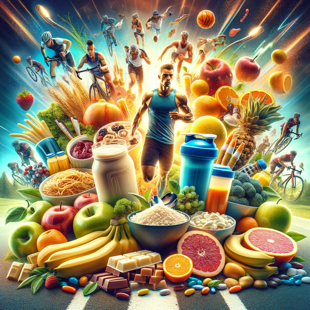 Nutrición para atletas de resistencia con alimentos energéticos y escena deportiva.