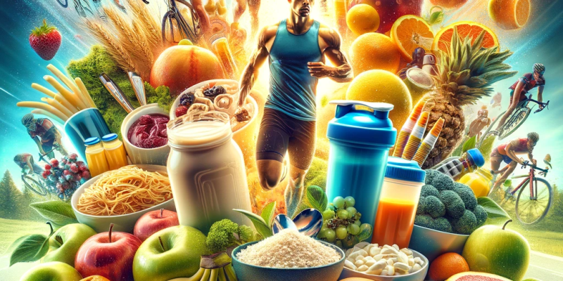 Nutrición para atletas de resistencia con alimentos energéticos y escena deportiva.
